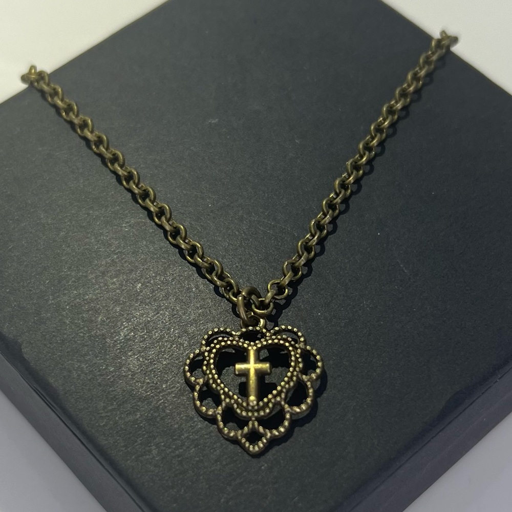 Antique Bronze Lace Heart w Cross Necklace